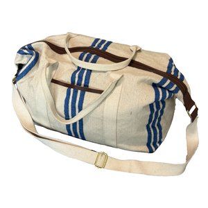 blue and white stripe mudcloth style duffle bag
